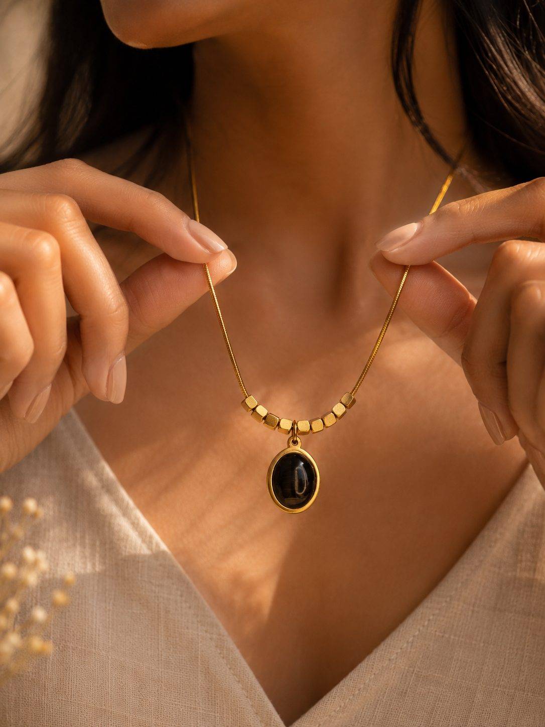 Oval Black Stone Pendant with Chain for Women