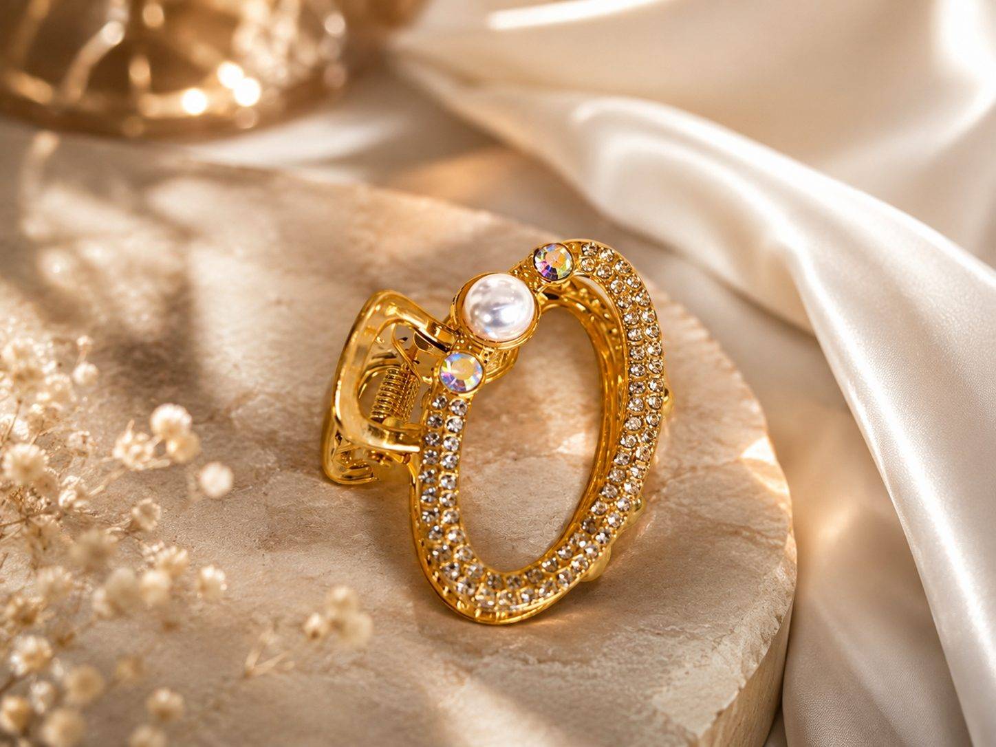 Gold and White Pearl Hair Claw Clip