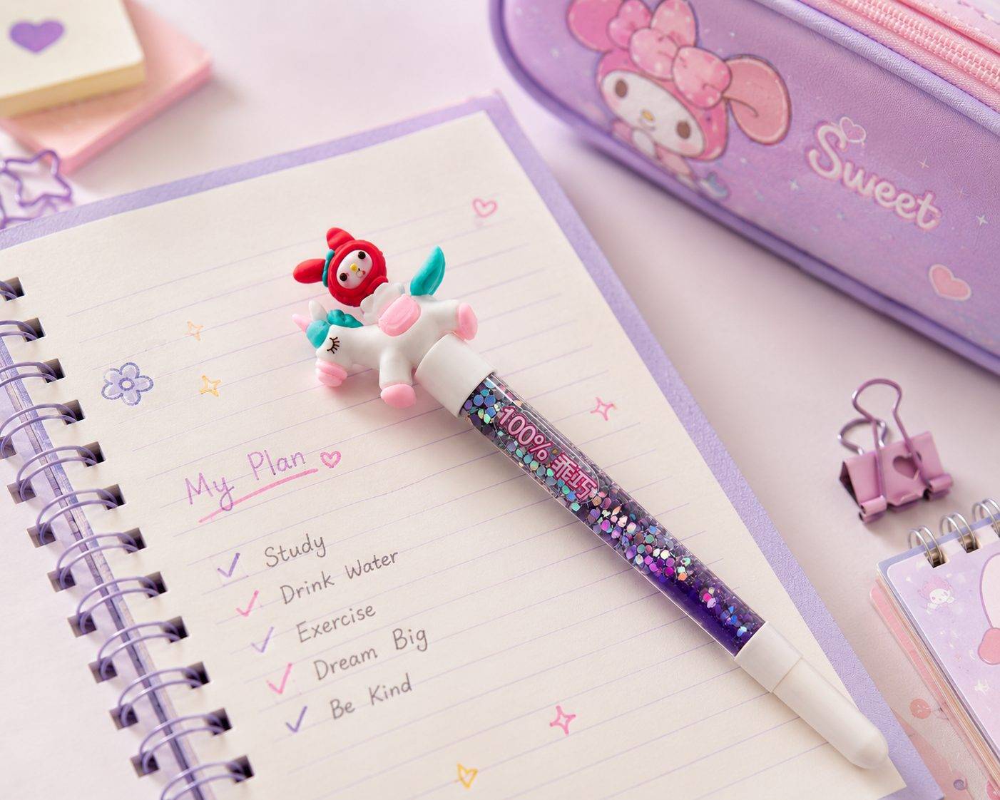 Cute Kawaii Unicorn Glitter Gel Pen with Cartoon Character Topper