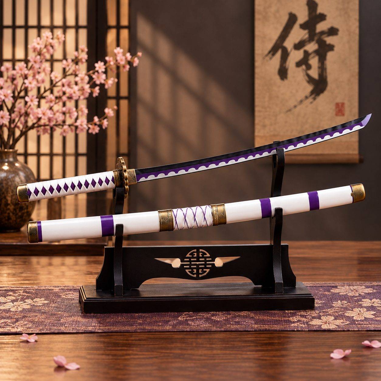 Nidai Kitetsu Wooden Katana, Anime Accessory, Lightweight Display Sword for Role Play and Gifting, Purple and White, 104 cm