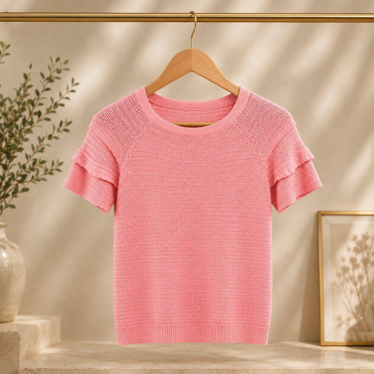 Petal-Sleeve Fine Knit Short Sleeve Top