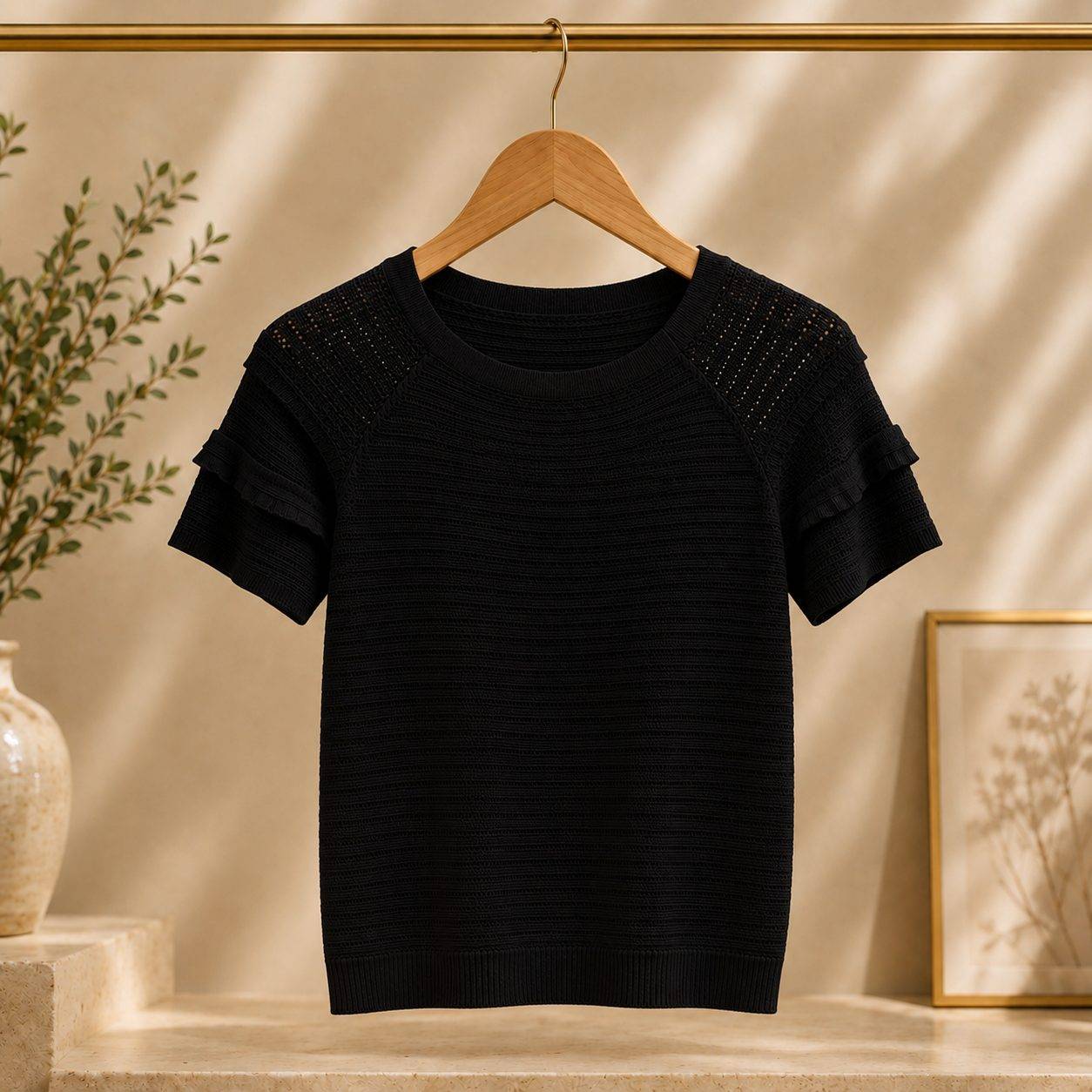 Petal-Sleeve Fine Knit Short Sleeve Top