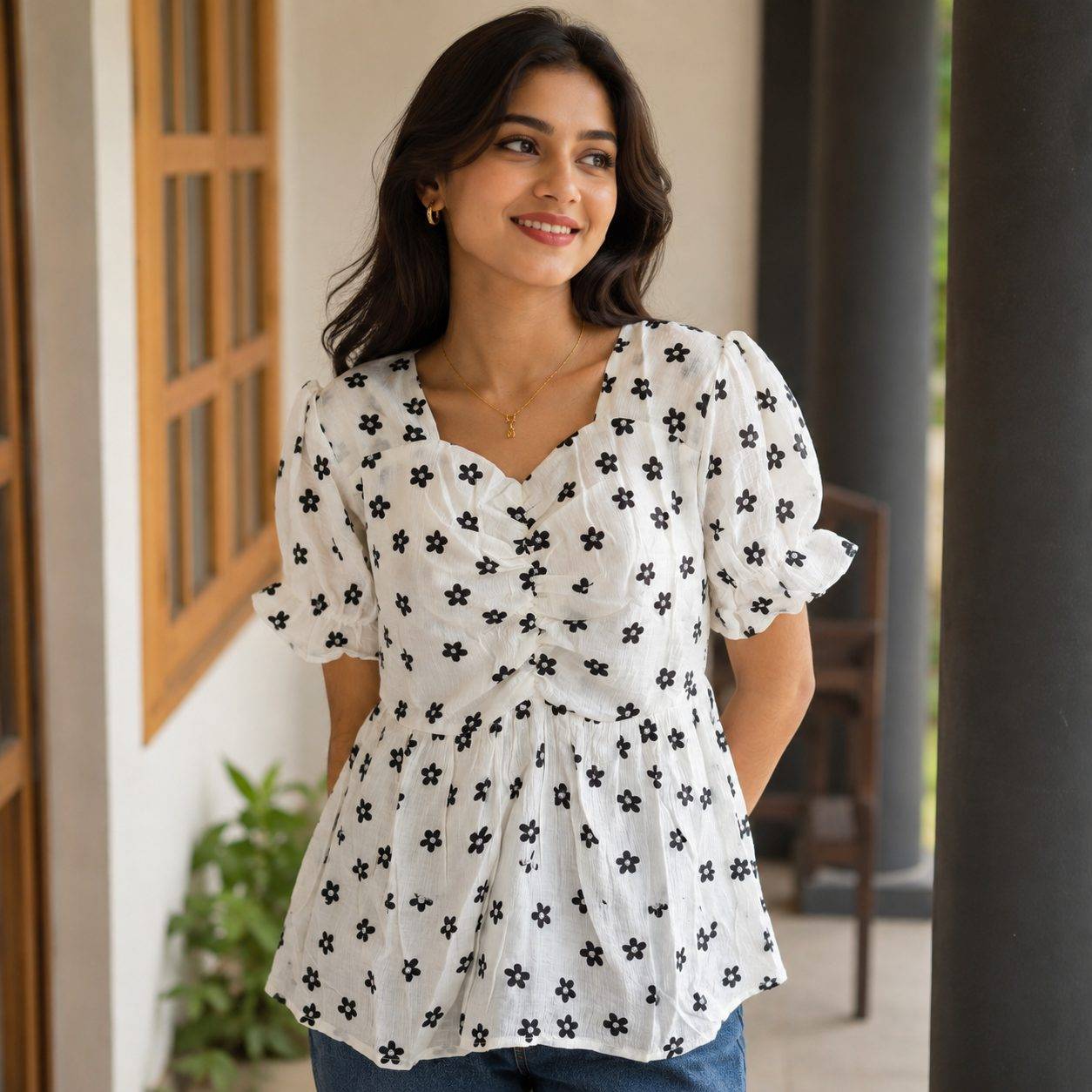 Floral Print Ruched V-Neck Peplum Top with Puff Sleeves