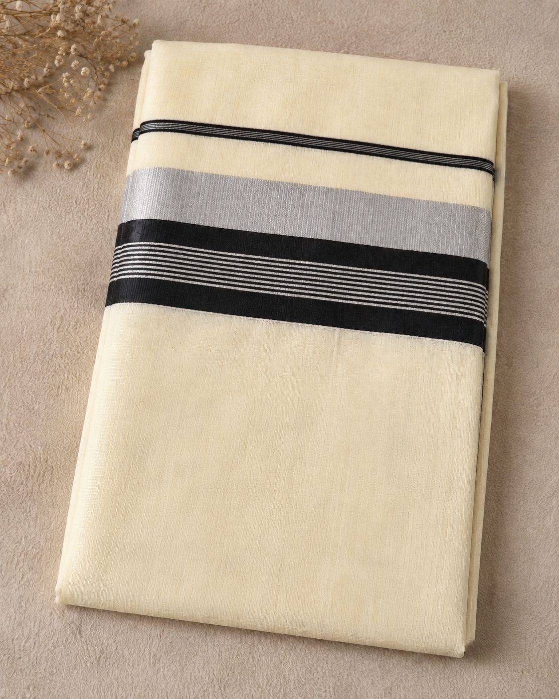 Elegant Set Saree with Black & Silver Striped Border | Traditional Kerala Style Saree