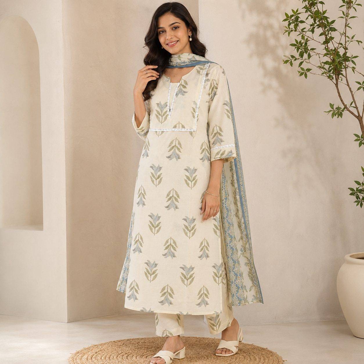 Women Floral Printed Regular Pure Cotton Kurta with Trousers & with Dupatta