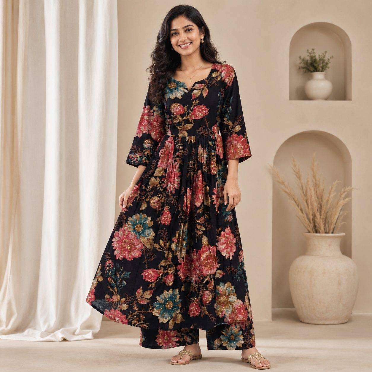 Black Floral Printed Cotton Fit-And-Flare Kurta and Palazzo Set