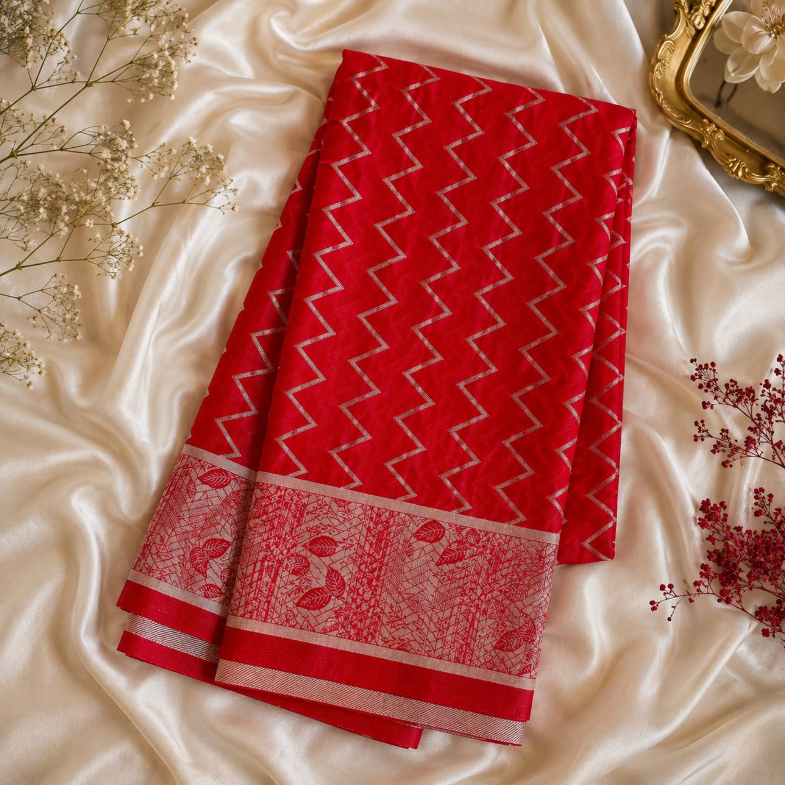 Red Chevron Printed Fabric with Floral Border