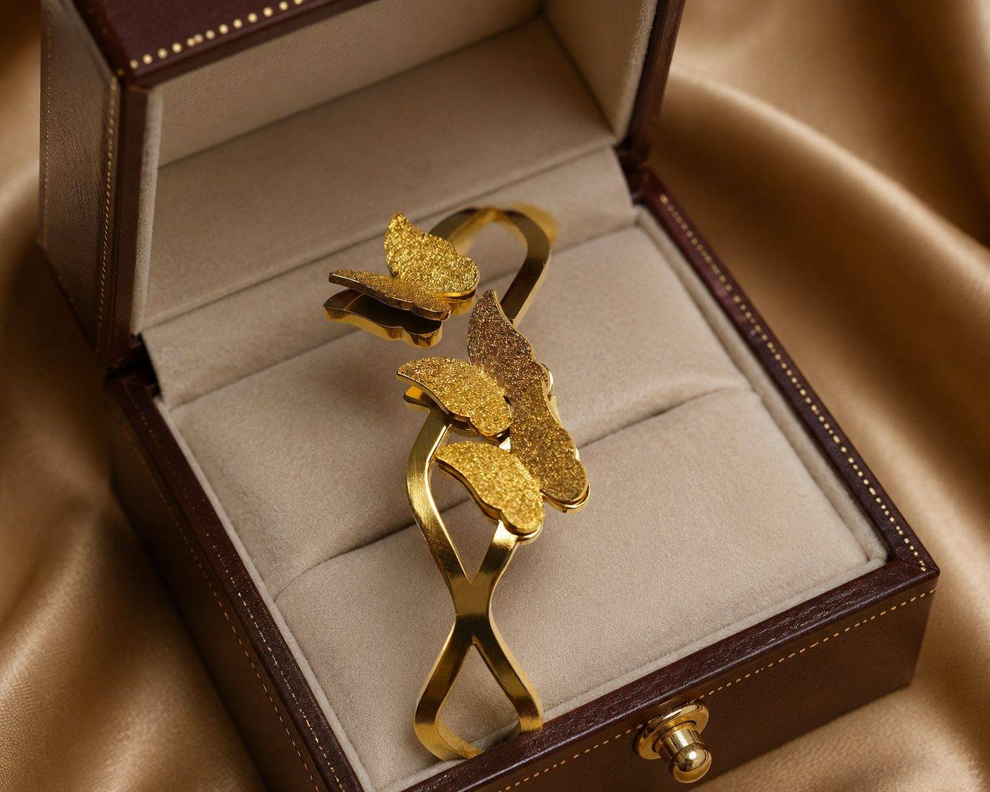 Gold Plated Stainless Steel Butterfly Themed Anti Tarnish Bangle Style Bracelet