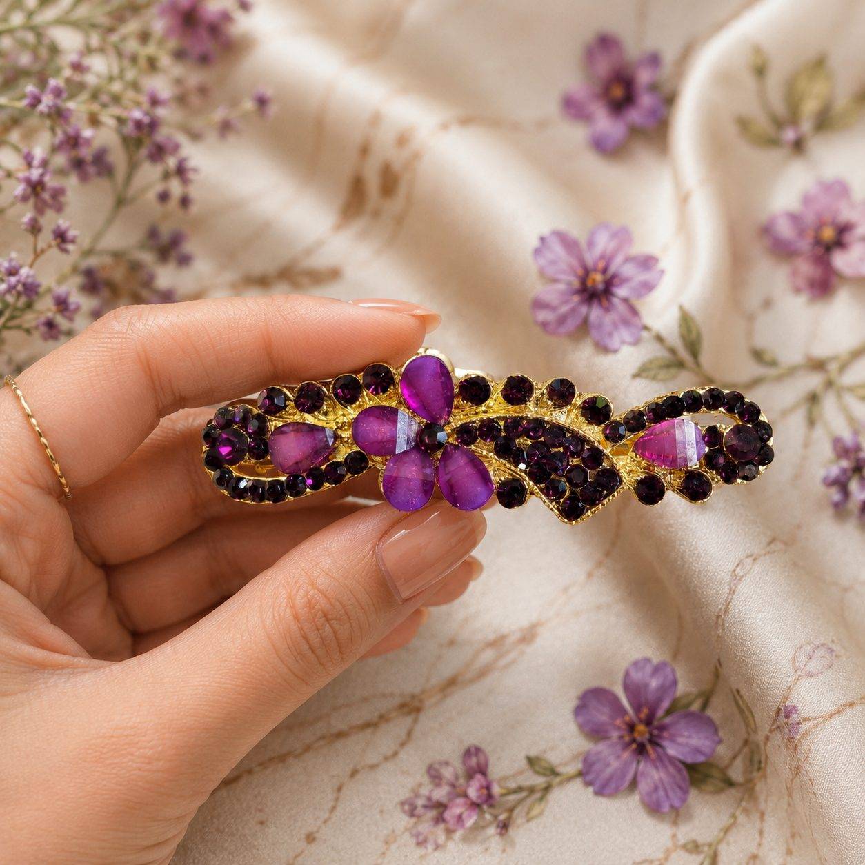 Premium Blue Crystal Floral Barrette Hair Clip for Women