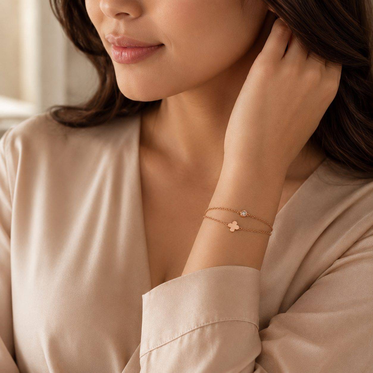 Rose Gold Double Layer Clover Bracelet for Women | Elegant Minimalist Adjustable Bracelet with Crystal Accent | Premium Gift for Women & Girls