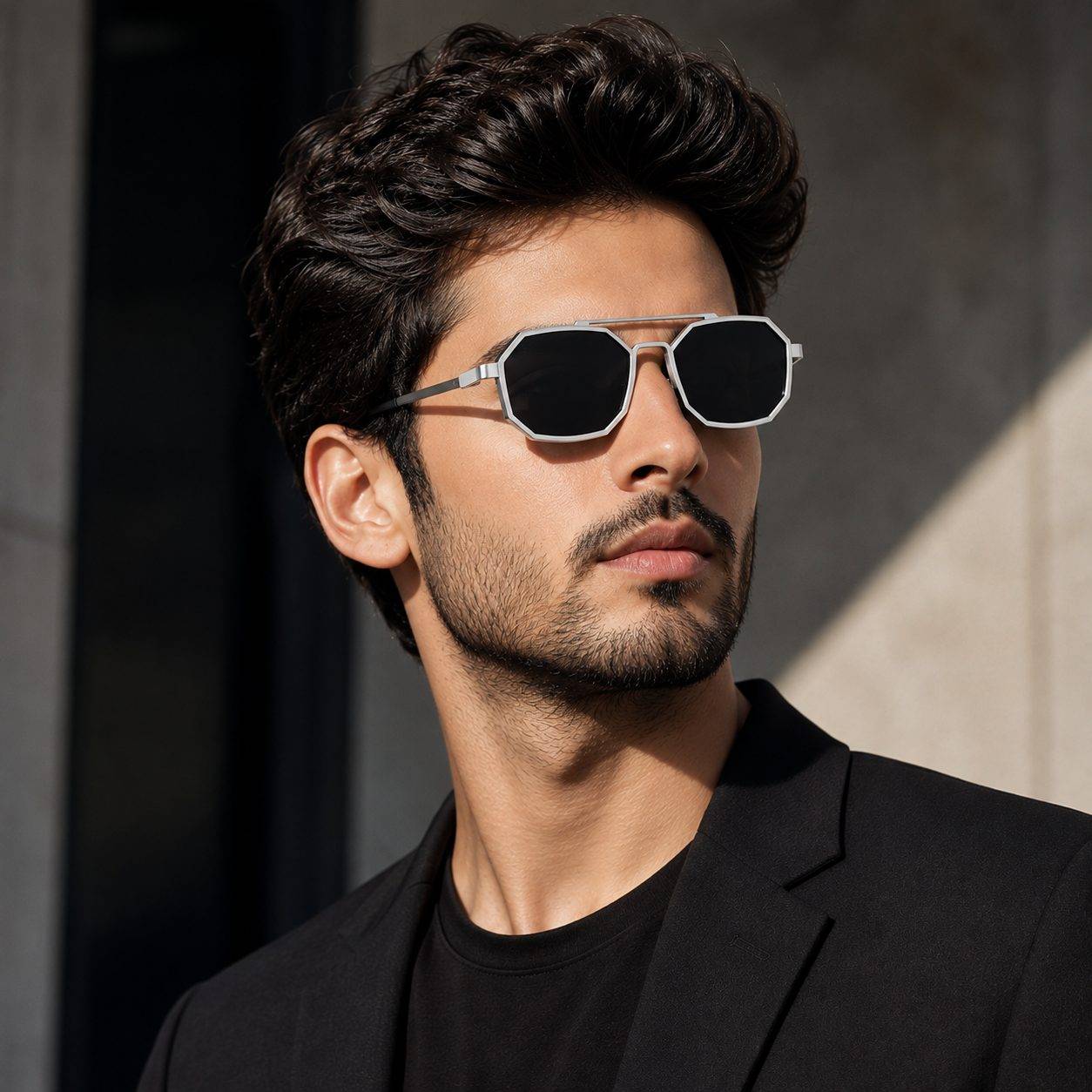 Octagonal Sunglasses for Men, Silver Metal Frame