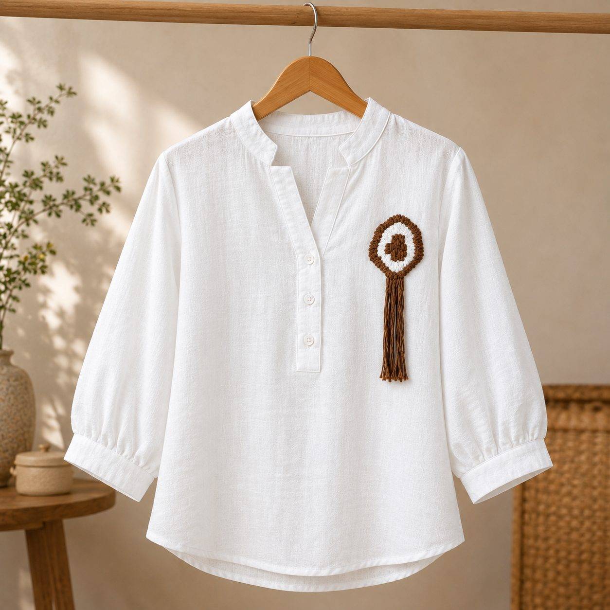 Women's Top with Floral Crochet,3/4 Sleeves, Button Placket, Pintuck Detail, Casual Wear