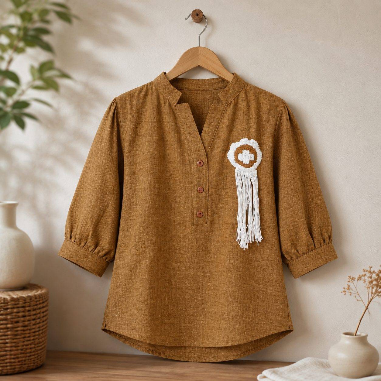 Women's Top with Floral Crochet,3/4 Sleeves, Button Placket, Pintuck Detail, Casual Wear