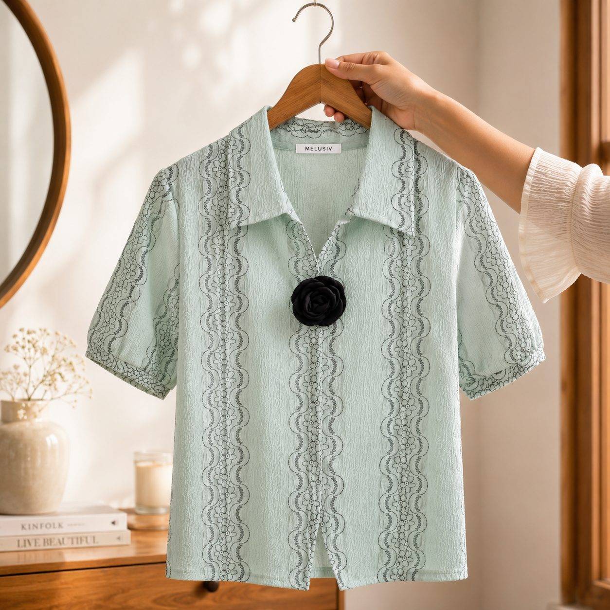 Women's Textured Printed Collared Top with Black Floral Brooch | Half Sleeves | Casual & Office Wear