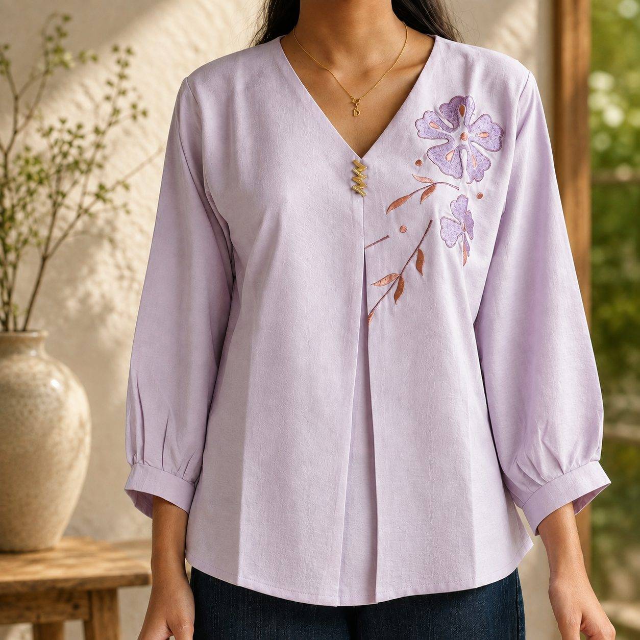 V-Neck Cotton Top Features Delicate Leaf & Floral Embroidery and a Pleated Front Panel
