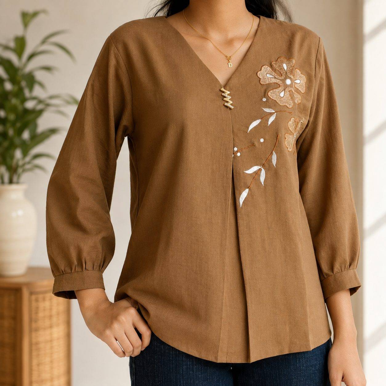 V-Neck Cotton Top Features Delicate Leaf & Floral Embroidery and a Pleated Front Panel