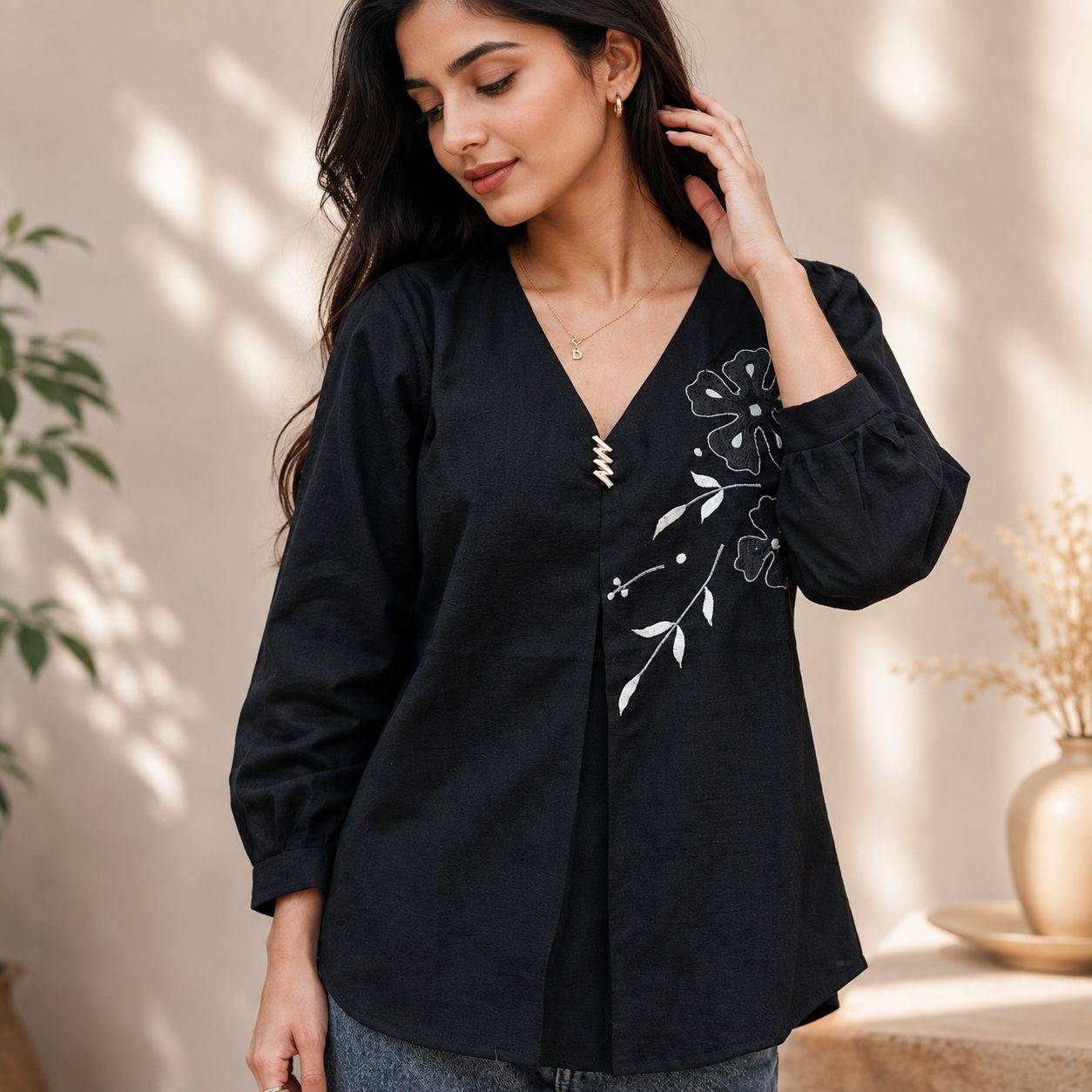 V-Neck Cotton Top Features Delicate Leaf & Floral Embroidery and a Pleated Front Panel