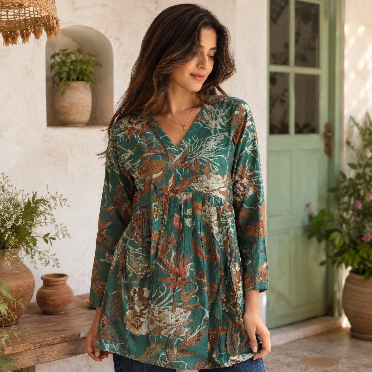 Printed Designer V Neck Full Sleeves Short Kurti