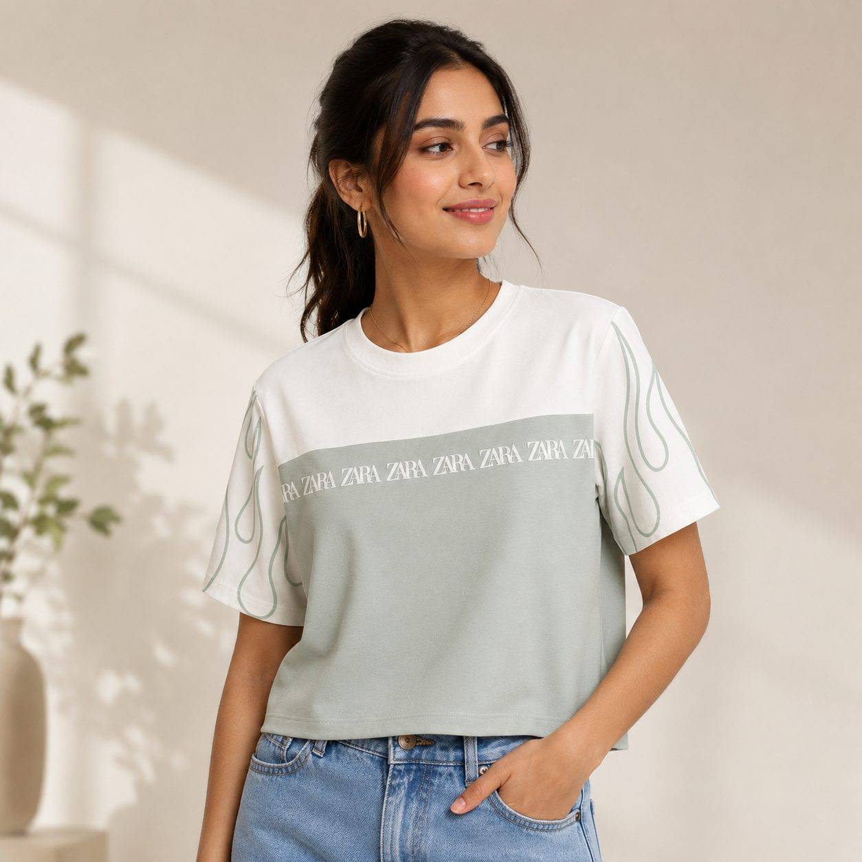 Women's Color-Block Flame Print Crop T-Shirt