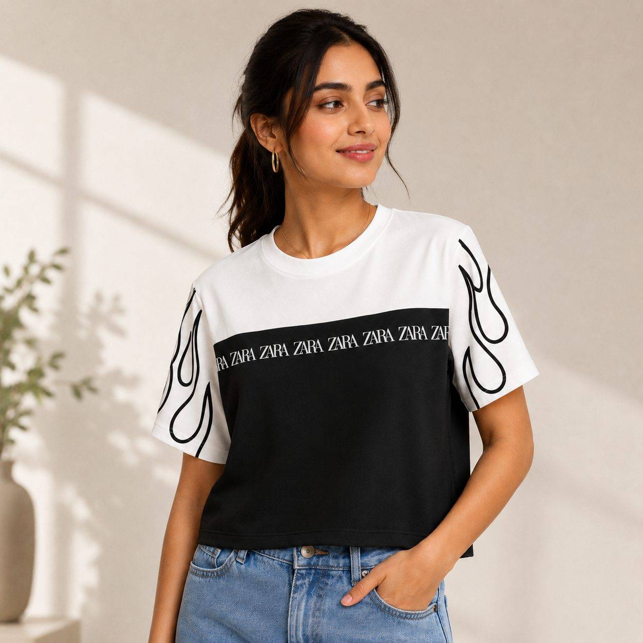 Women's Color-Block Flame Print Crop T-Shirt