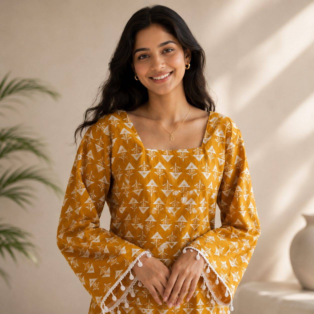 Ethnic Motifs Printed Mustard Yellow Square-Neck Pure Cotton Short Kurti with Corset
