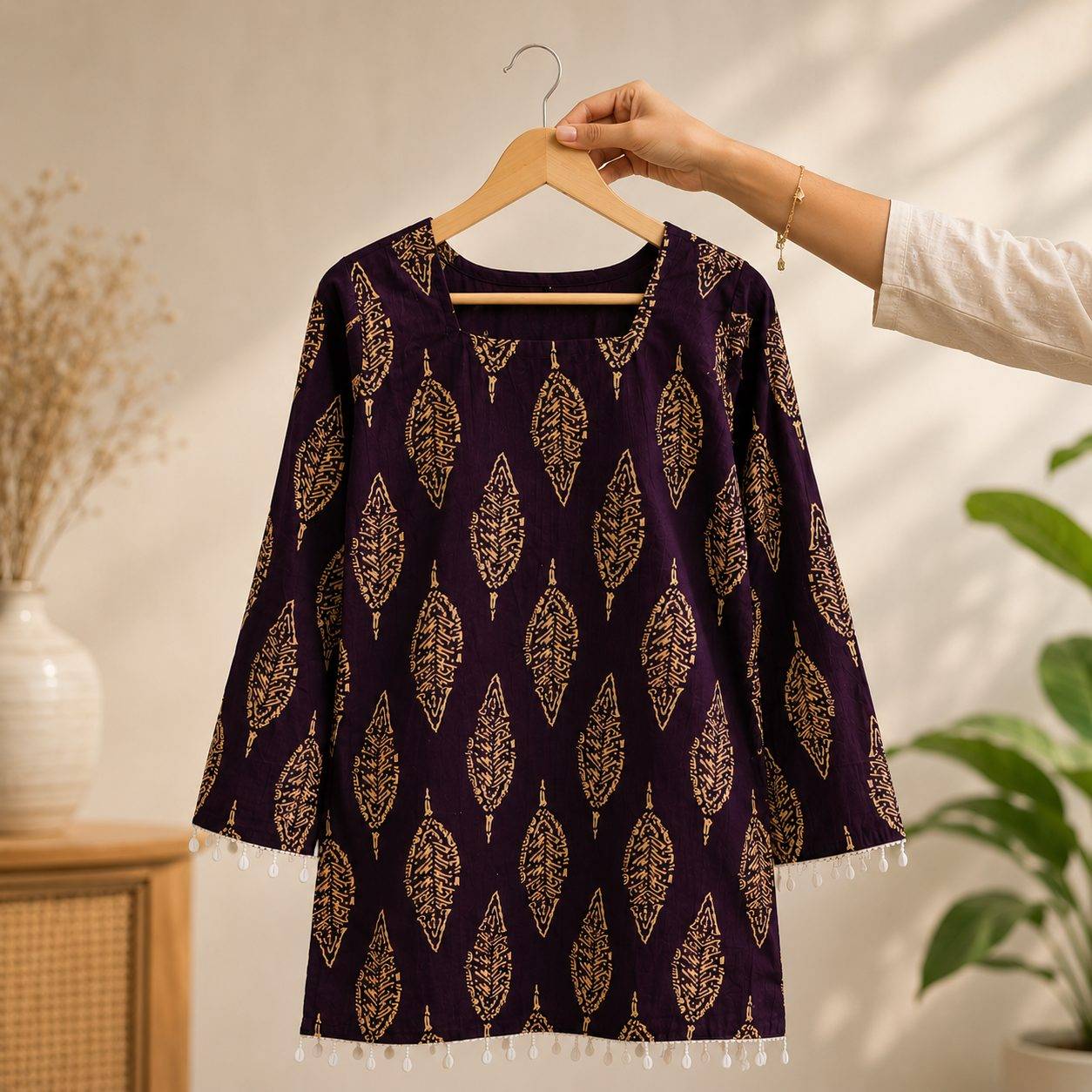 Ethnic Motifs Printed Square-Neck Pure Cotton Kurti