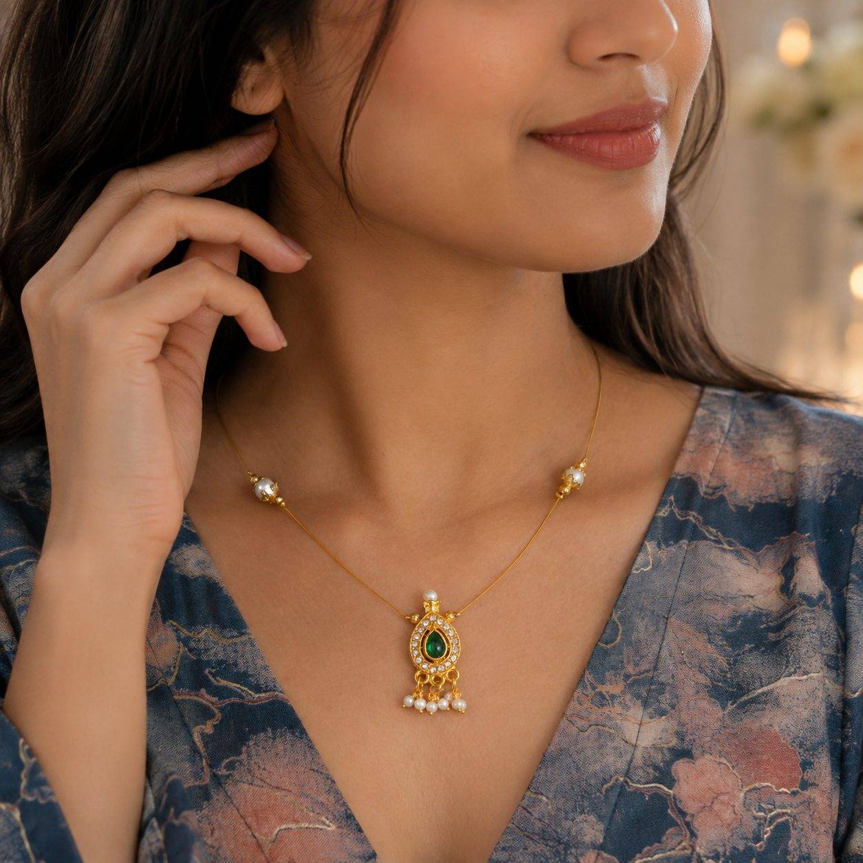 Gold-Plated Traditional Invisible Chain Necklace Features a Teardrop-Shaped Green Stone Pendant Accented with Sparkling Cubic Zirconia and Small Pearl Drop Danglers.