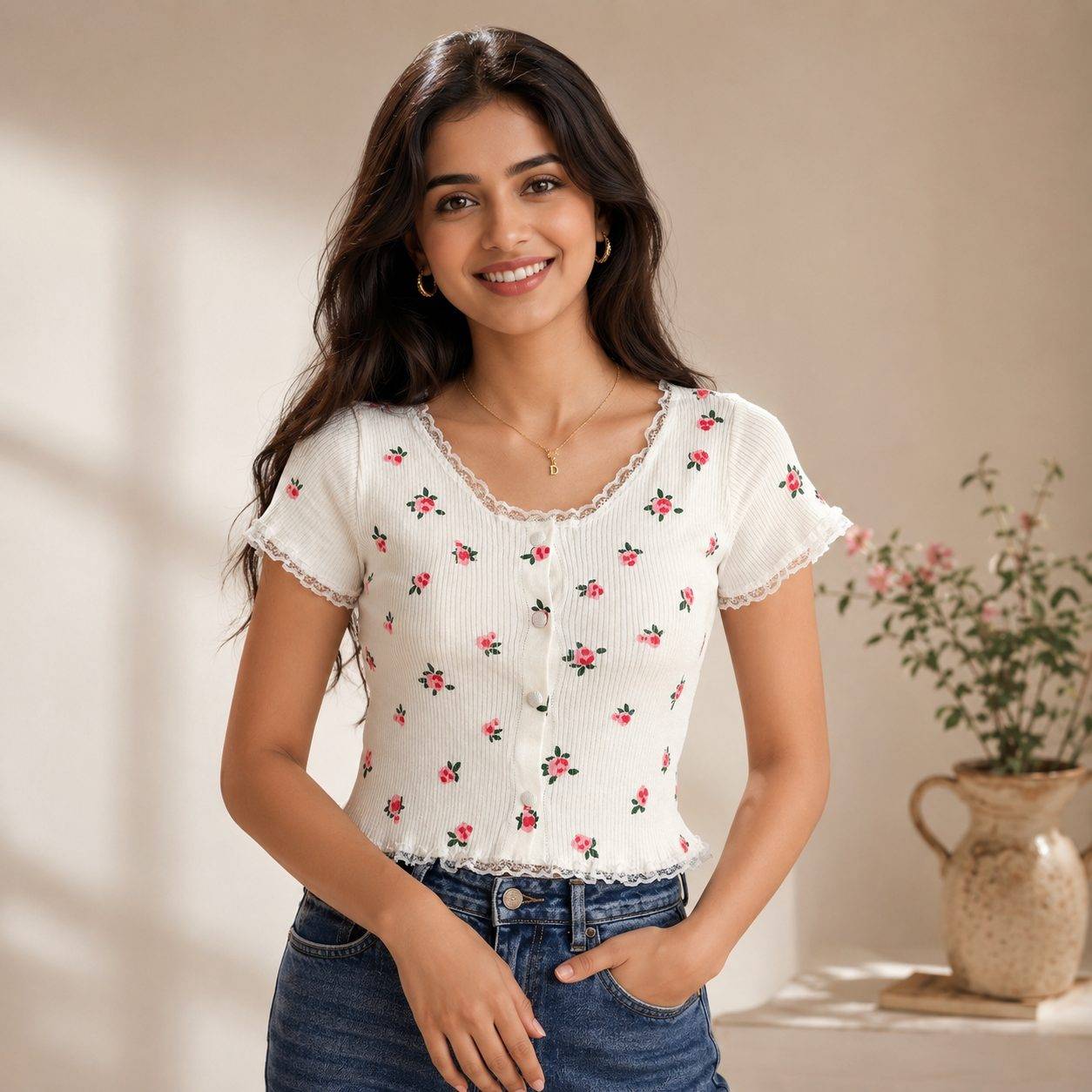 Korean Style Knitted Crop Top Floral Printed Half Sleeve
