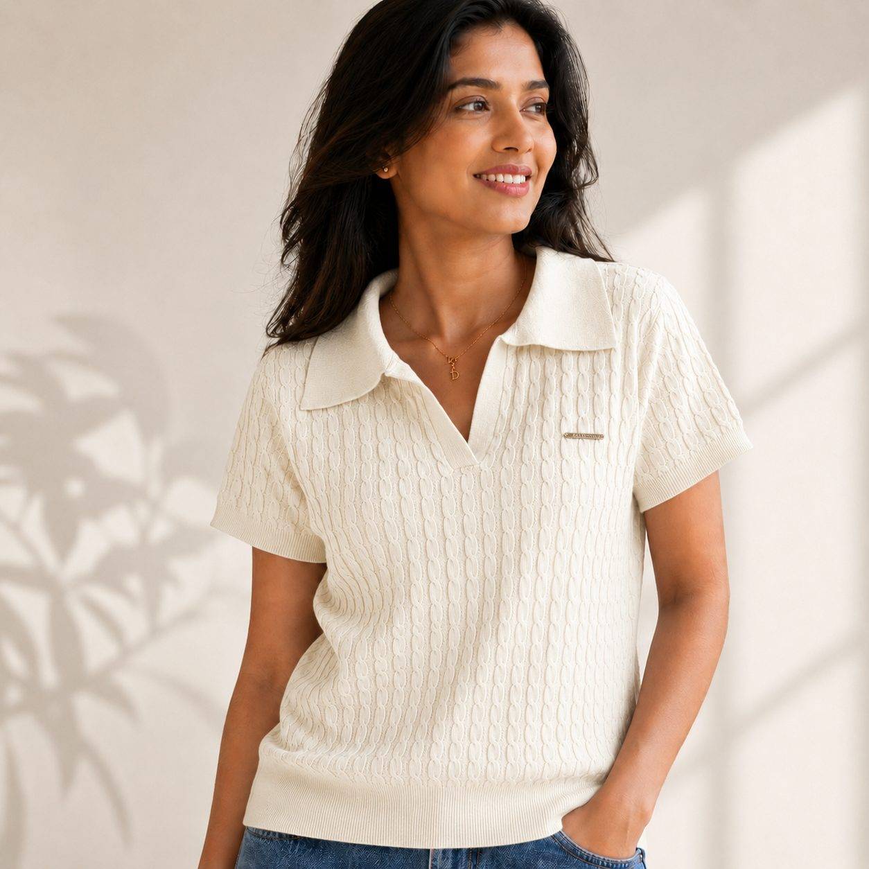 Women's Knitted Ribbed Self-Design Short Sleeve Polo Neck Collar Crop Top