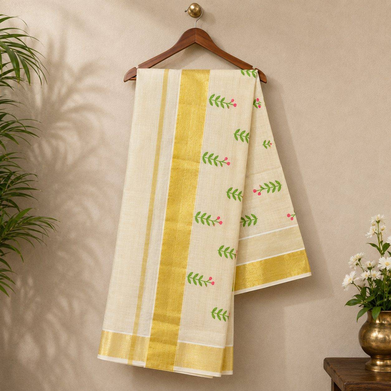 Classic Kerala Kasavu Cotton Saree with Contemporary Pink & Green Floral Embroidery