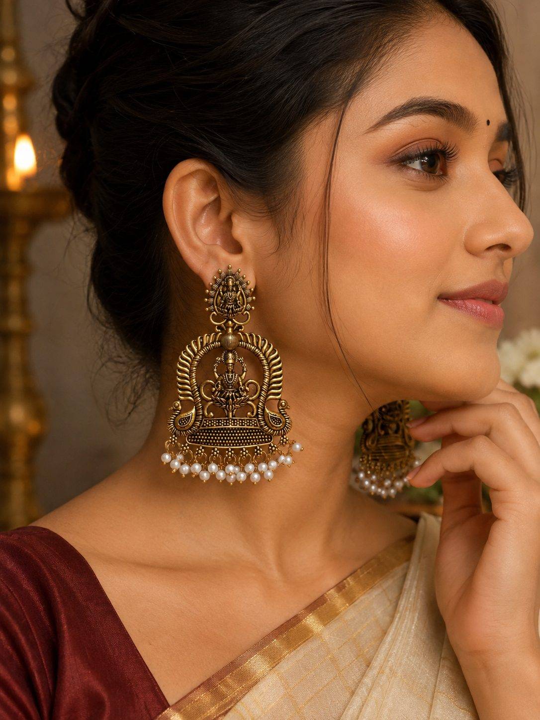 Antique Gold-Toned Temple Chandbali Earrings