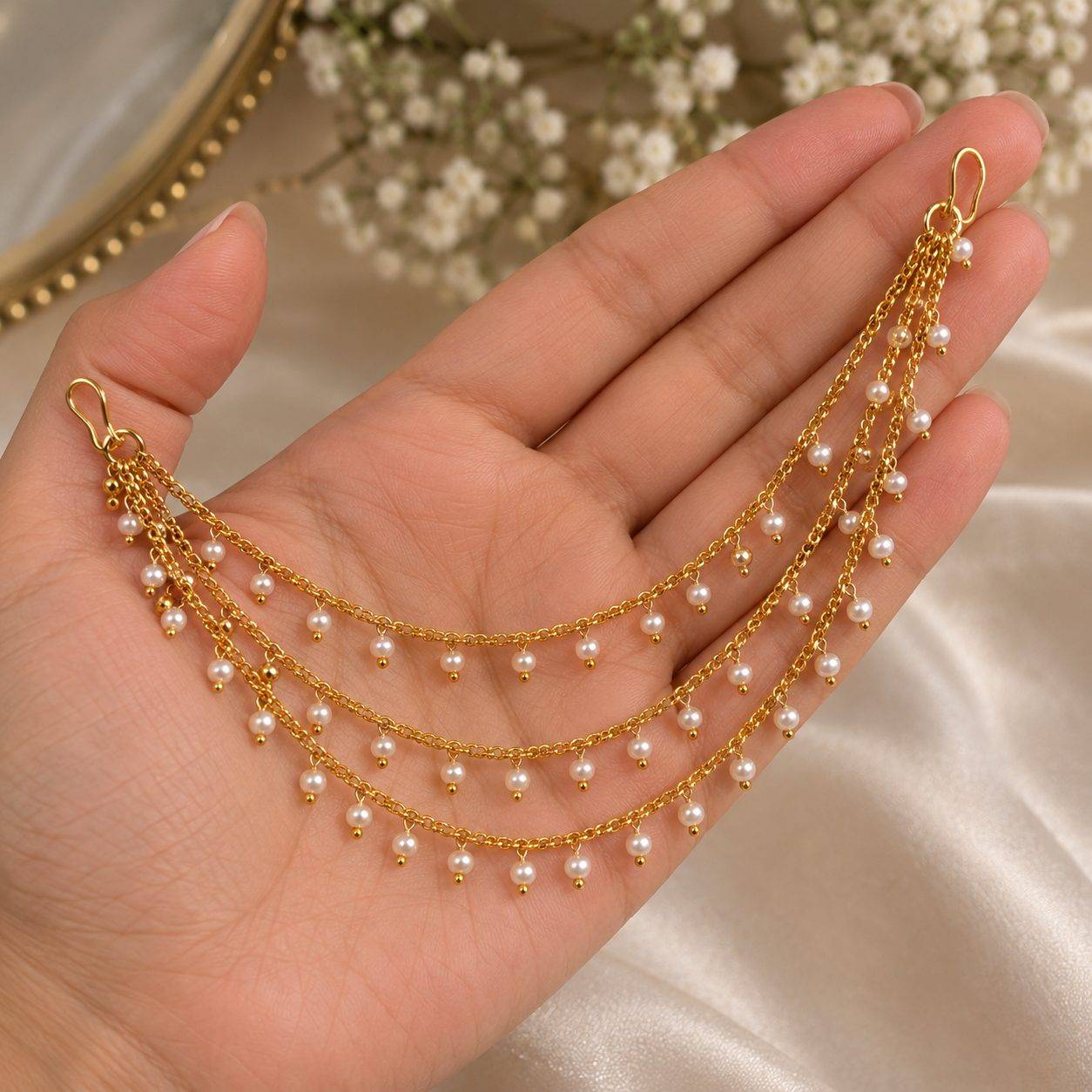 Traditional Three-Layer Gold-Plated Pearl Ear Chain