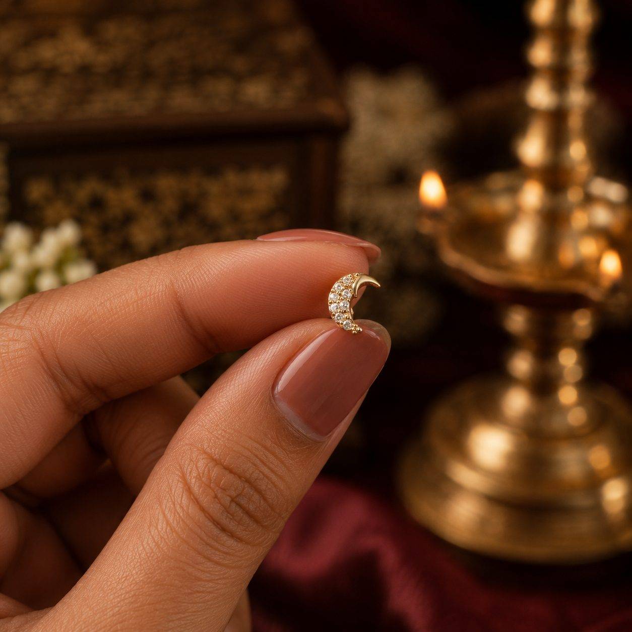 Celestial Crescent Nose Stud | Crystal Detail | Gold-Plated