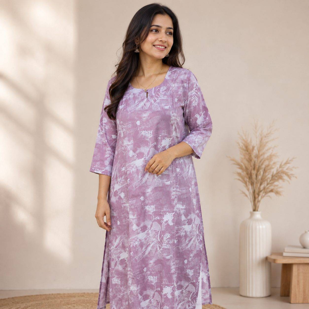 Floral Printed Straight Cotton Kurta with Three-Quarter Sleeves and a Round Keyhole Neck.