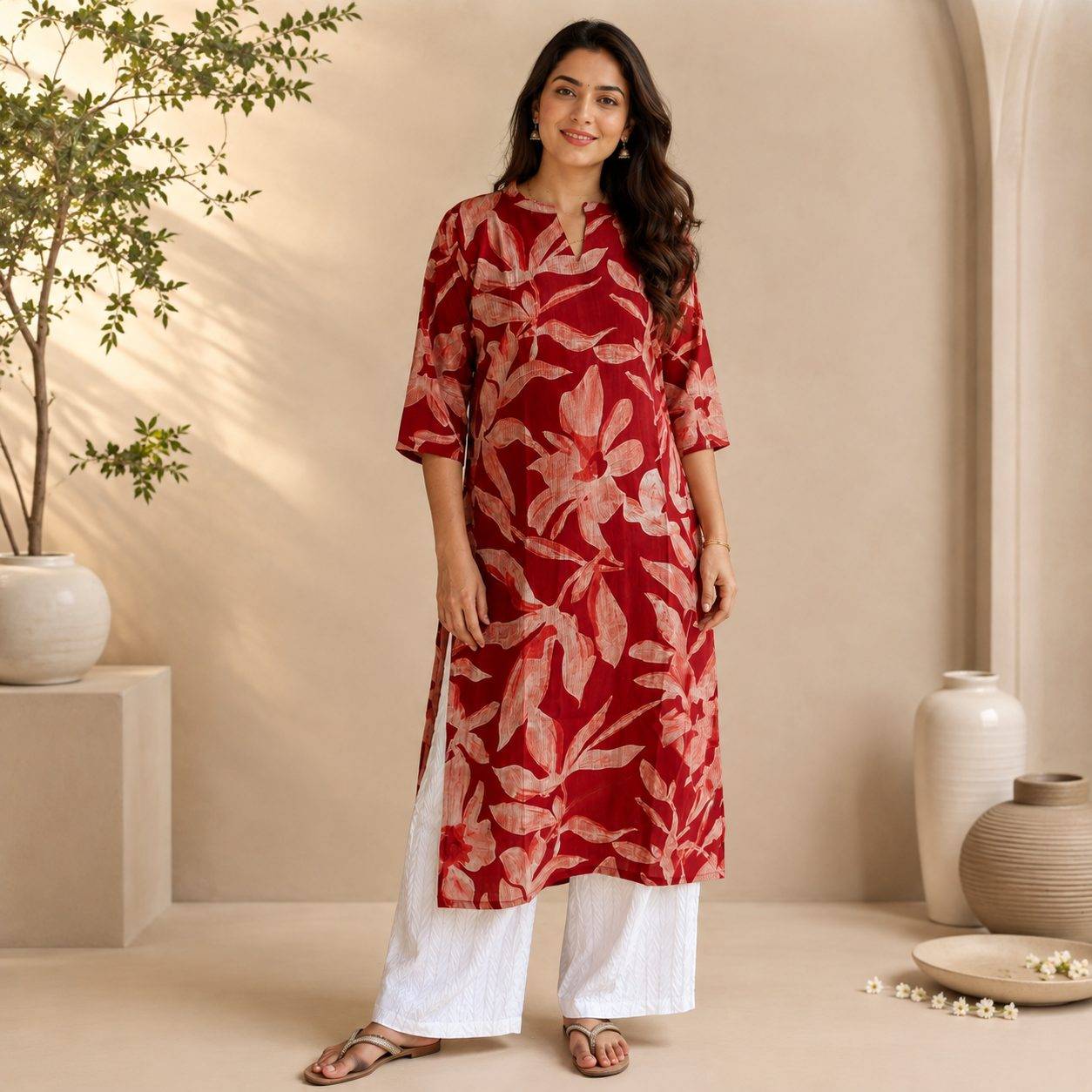 Red Floral Printed Straight Vatican Silk-Blend Kurta