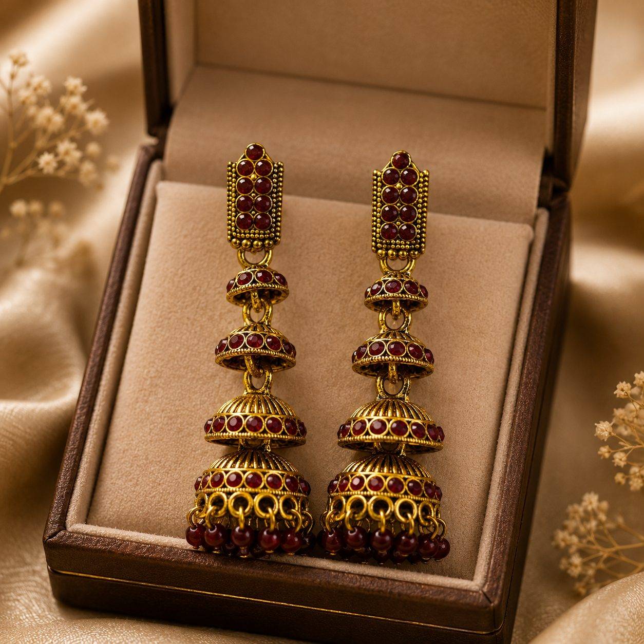 Antique Gold 3-Tier Jhumka Earrings with Black Crystal Accents
